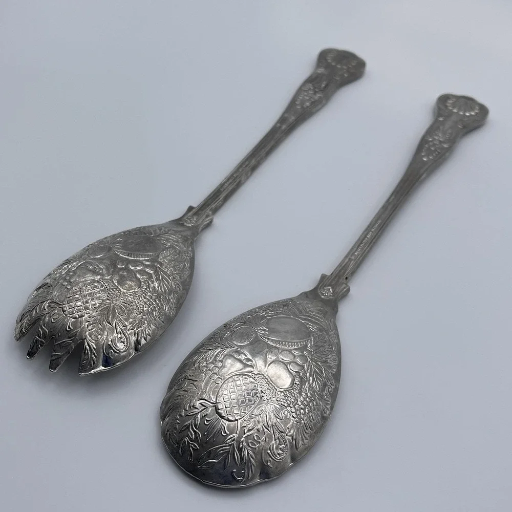 Silverplate Salad Serving Set Vintage English Fruit Repousse 2 Pc Fork and Spoon